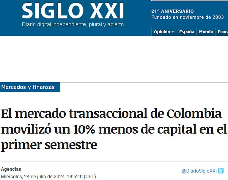 El mercado transaccional de Colombia moviliz un 10% menos de capital en el primer semestre